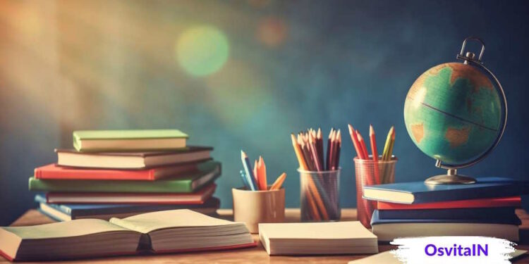 Навчальні книги, відкритий підручник, глобус та олівці на дерев'яному столі в сонячних променях - OsvitaIN